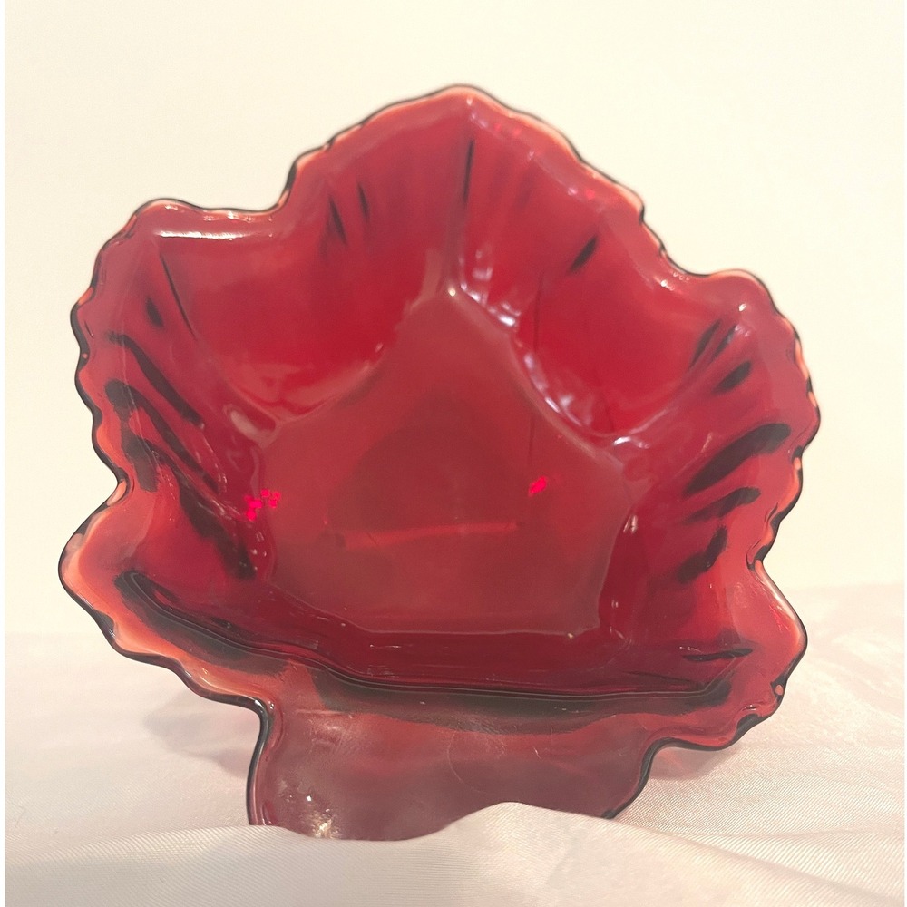 Vintage Anchor Hocking Royal Ruby Red Depression Glass Maple Leaf Dish c1938